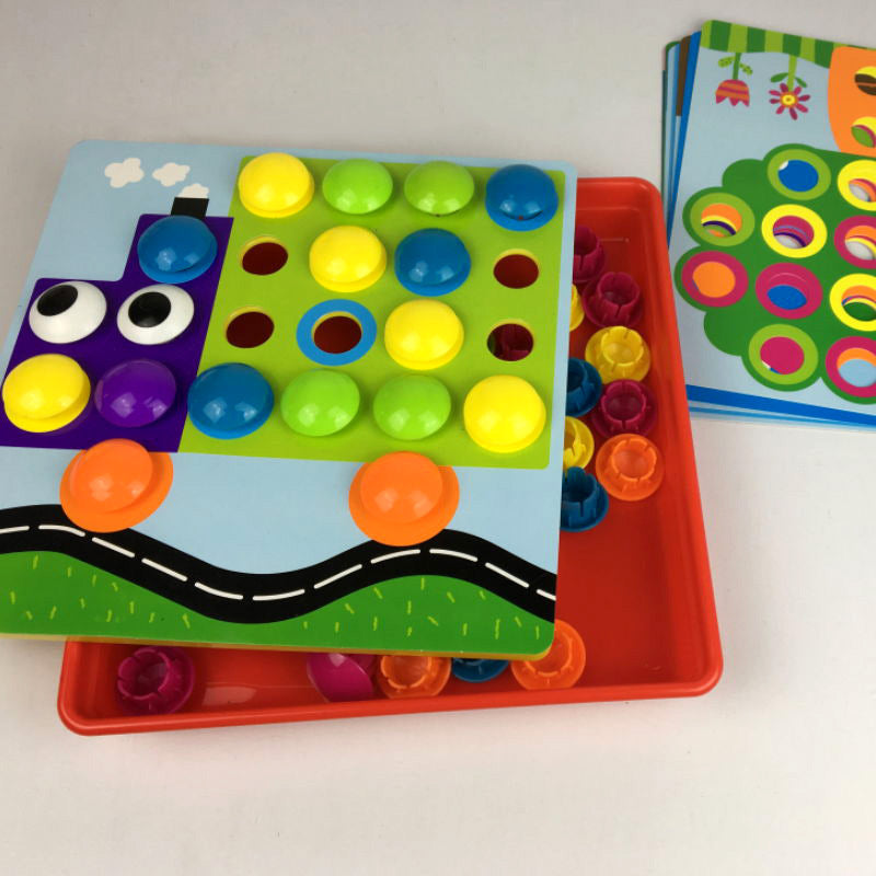 Large button puzzle mushroom pegs originated from American early childhood education toys that help children learn to recognize colors and solve puzzles.