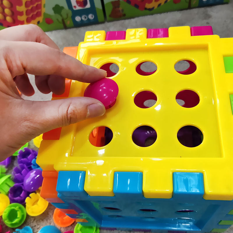 Large interlocking cube blocks, large mushroom-shaped pegs, educational toys for developing hands-on skills, and in various colors.