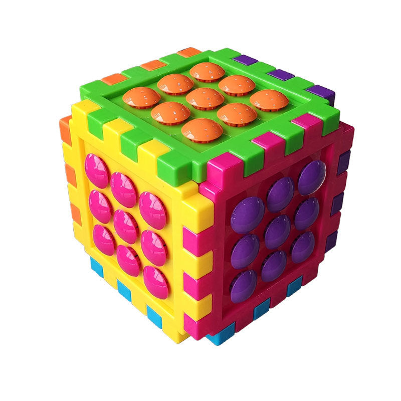 Large interlocking cube blocks, large mushroom-shaped pegs, educational toys for developing hands-on skills, and in various colors.